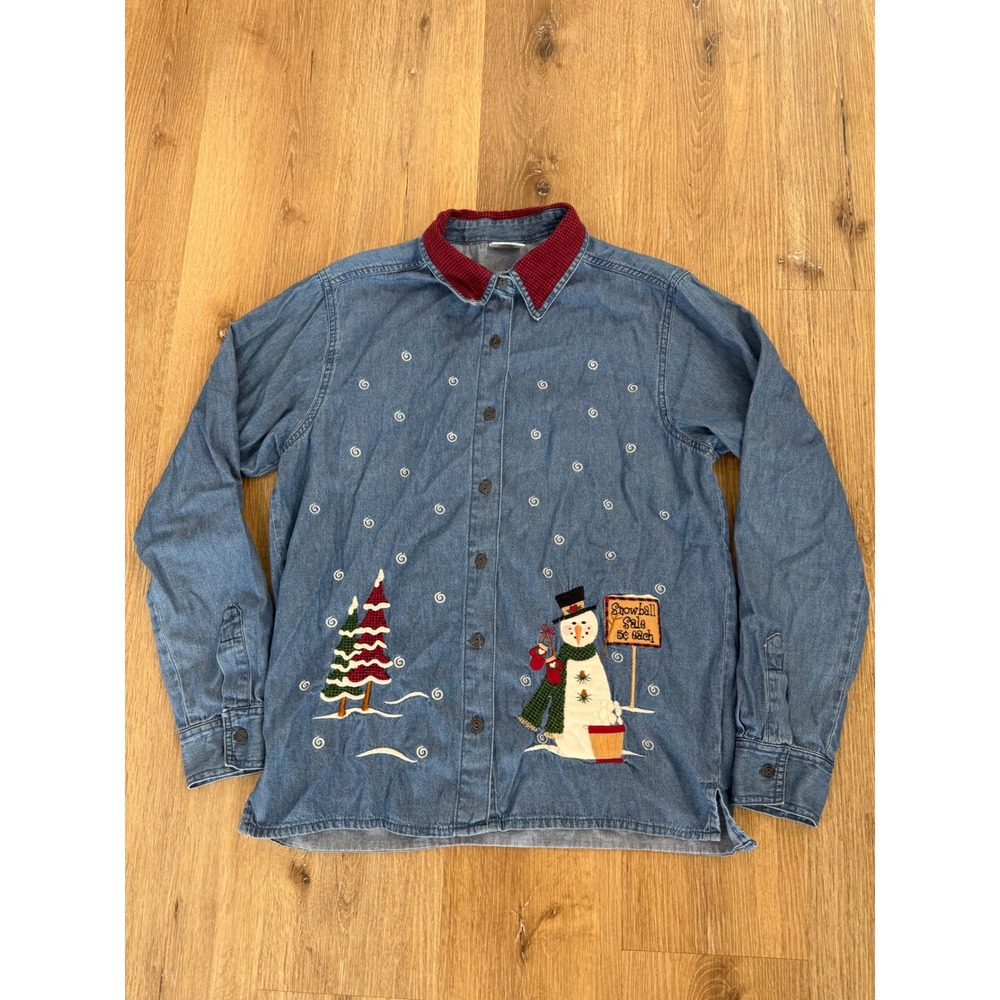 VTG Snowman Denim Shirt Women L Blue Christmas Whimsygoth Embroidered Festive